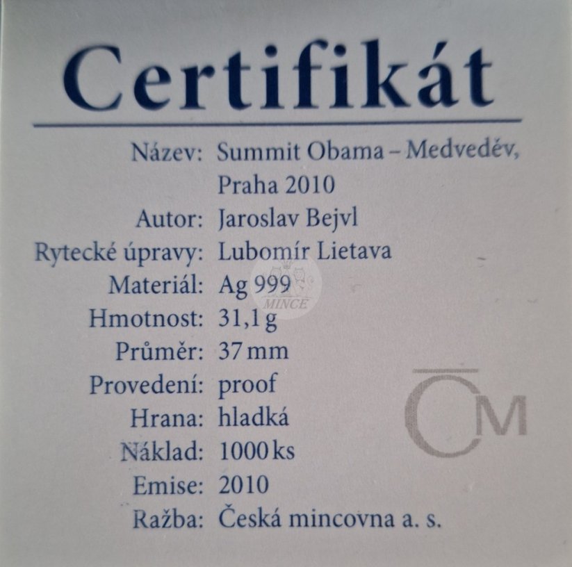 Stříbrná medaile Summit Obama - Medveděv 2010 PROOF
