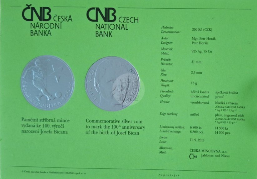 200 Kč 2013 100. výročí narození Josefa Bicana