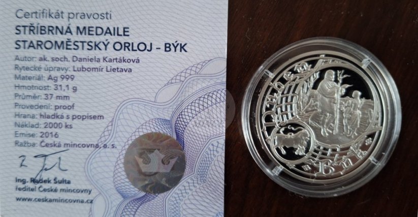 Stříbrná medaile Staroměstský orloj - Býk PROOF