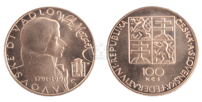 100 Kčs 1991 Znovuotevření Stavovského divadla v Praze při příležitosti 200. výročí úmrtí Wolfganga Amadea Mozarta