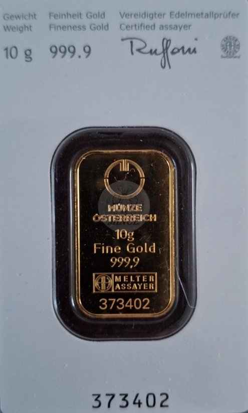 Investiční zlatý slitek - cihlička 10 g Kinebar - Münze Österreich SN: 373402