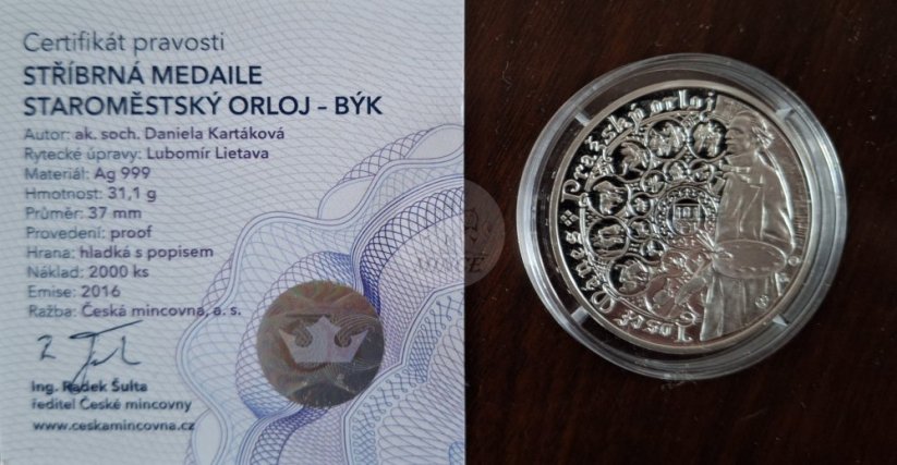 Stříbrná medaile Staroměstský orloj - Býk PROOF