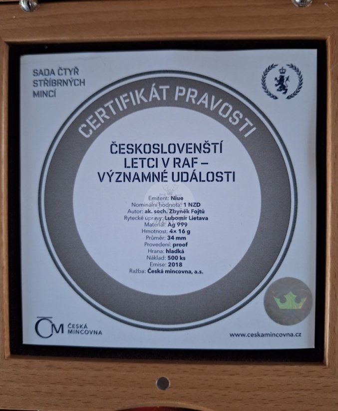 Sada čtyř stříbrných mincí Českoslovenští letci PROOF