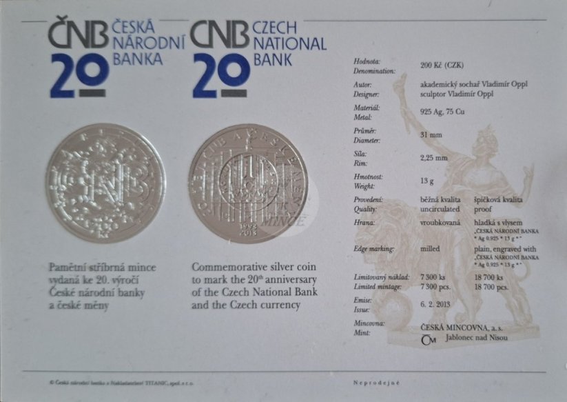 200 Kč 2013 20. výročí ČNB a české měny