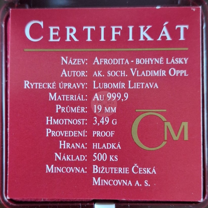 Zlatá medaile Afrodita bohyně lásky PROOF