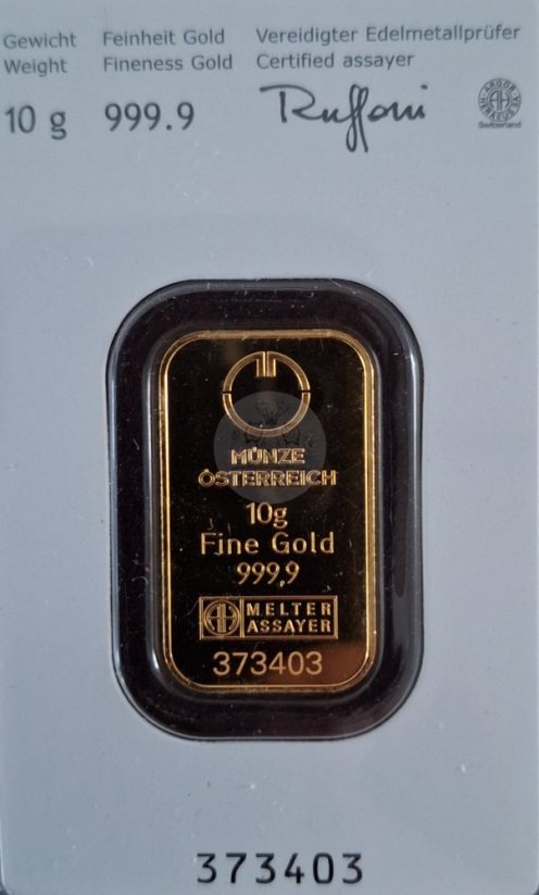 Investiční zlatý slitek - cihlička 10 g Kinebar - Münze Österreich SN: 373403