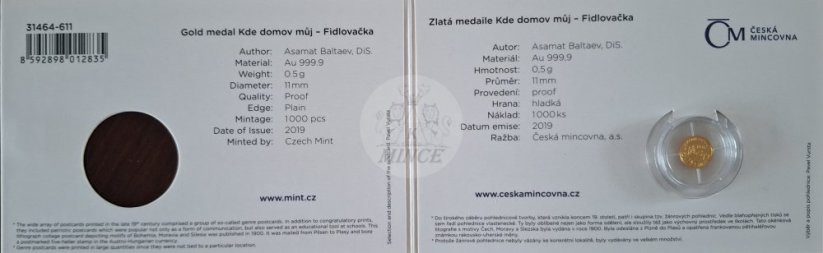 Zlatá medaile Dobové pohlednice Kde domov můj PROOF