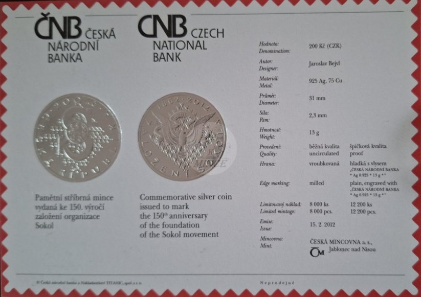200 Kč 2012 150. výročí založení organizace Sokol